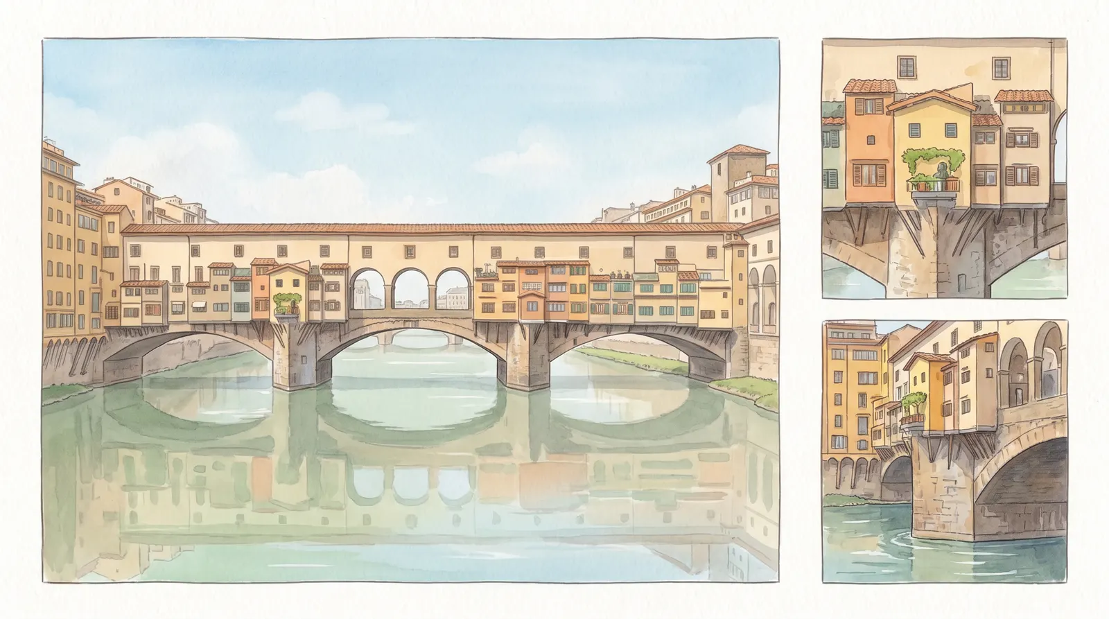 The Ponte Vecchio redrawn in watercolour.