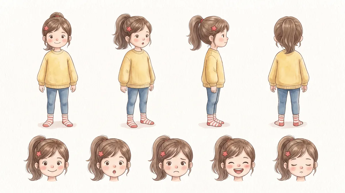 Sofia's sheet: four full views and five expressions.