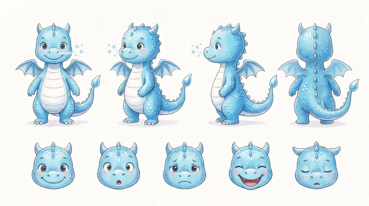 The sheet of Tino, the small blue dragon: four full views and five expressions.
